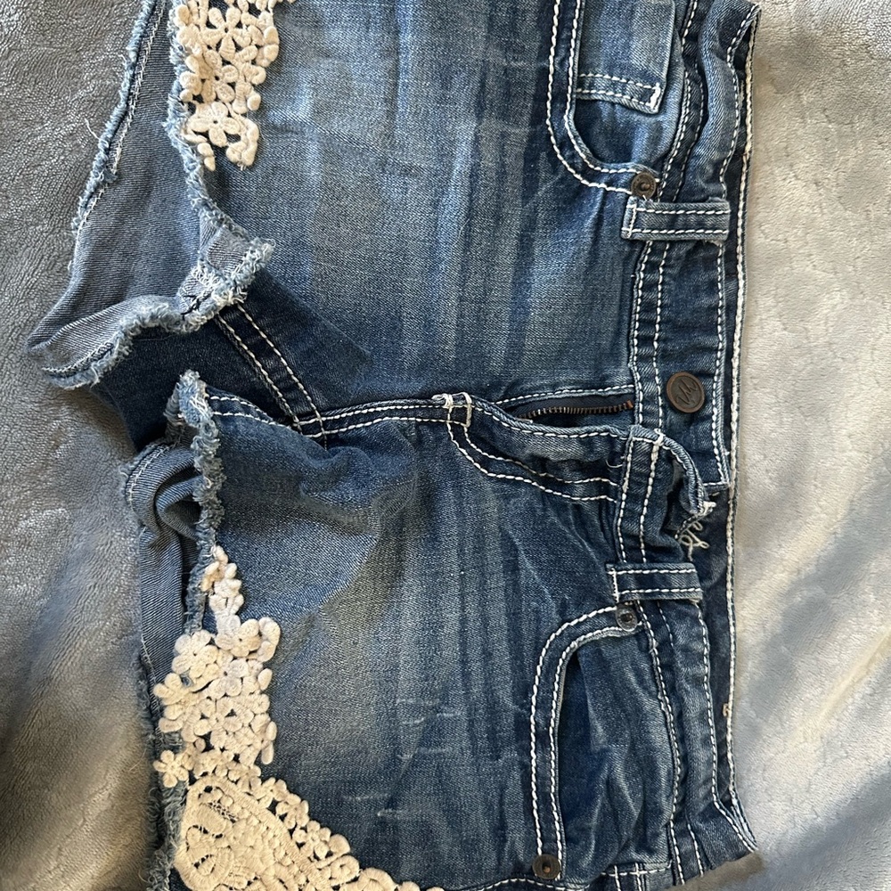 Blue Denim Shorts with Lace Trim